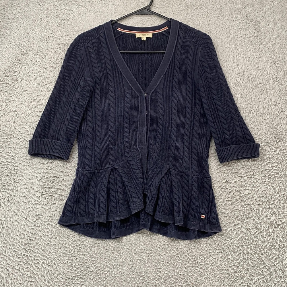 Burberry London Cardigan Sweater Womens M Navy Cable Knit Zip Peplum Y2K Preppy